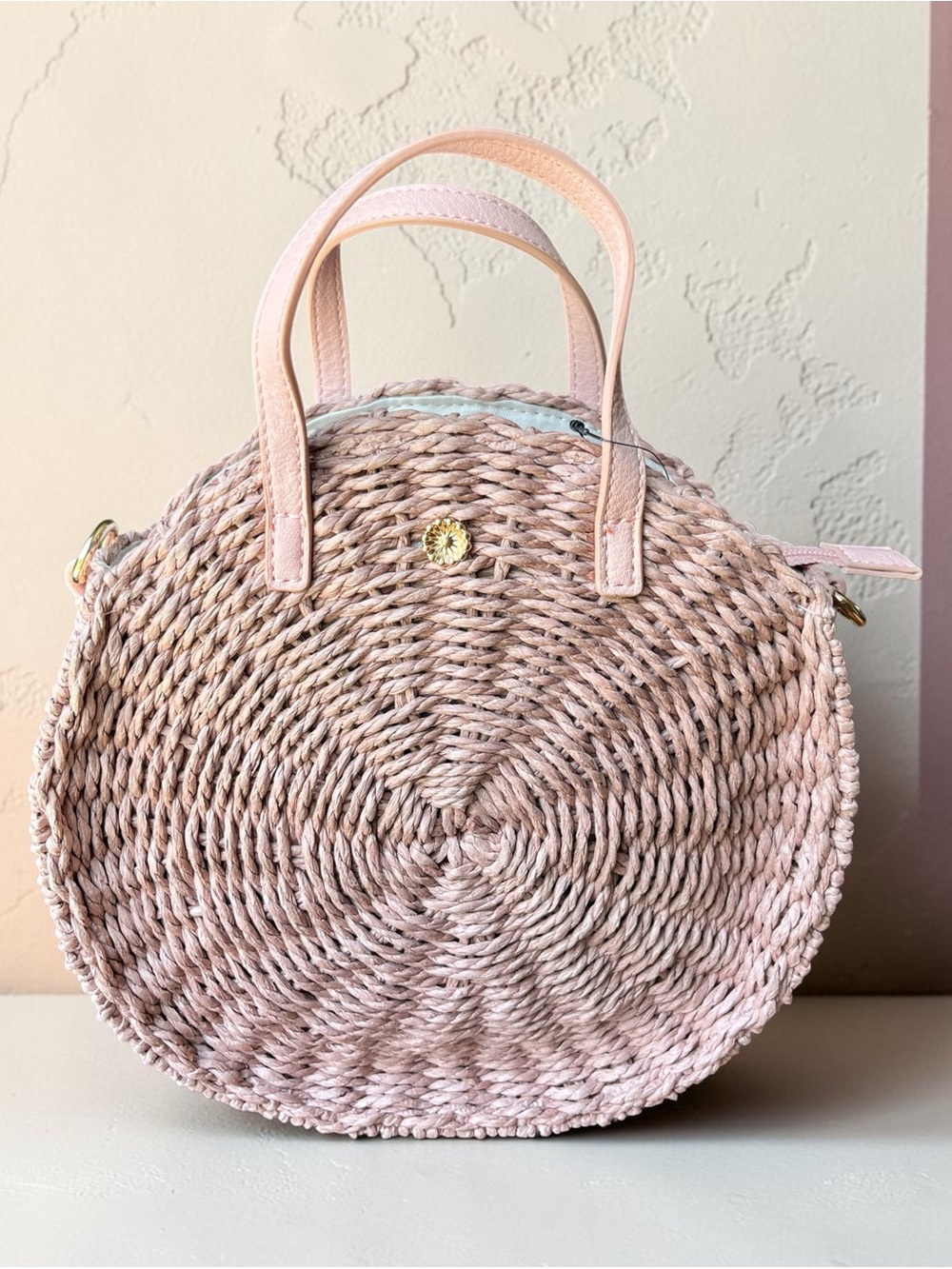 LC Lauren Conrad Round Woven Straw Tote in Pale Pink